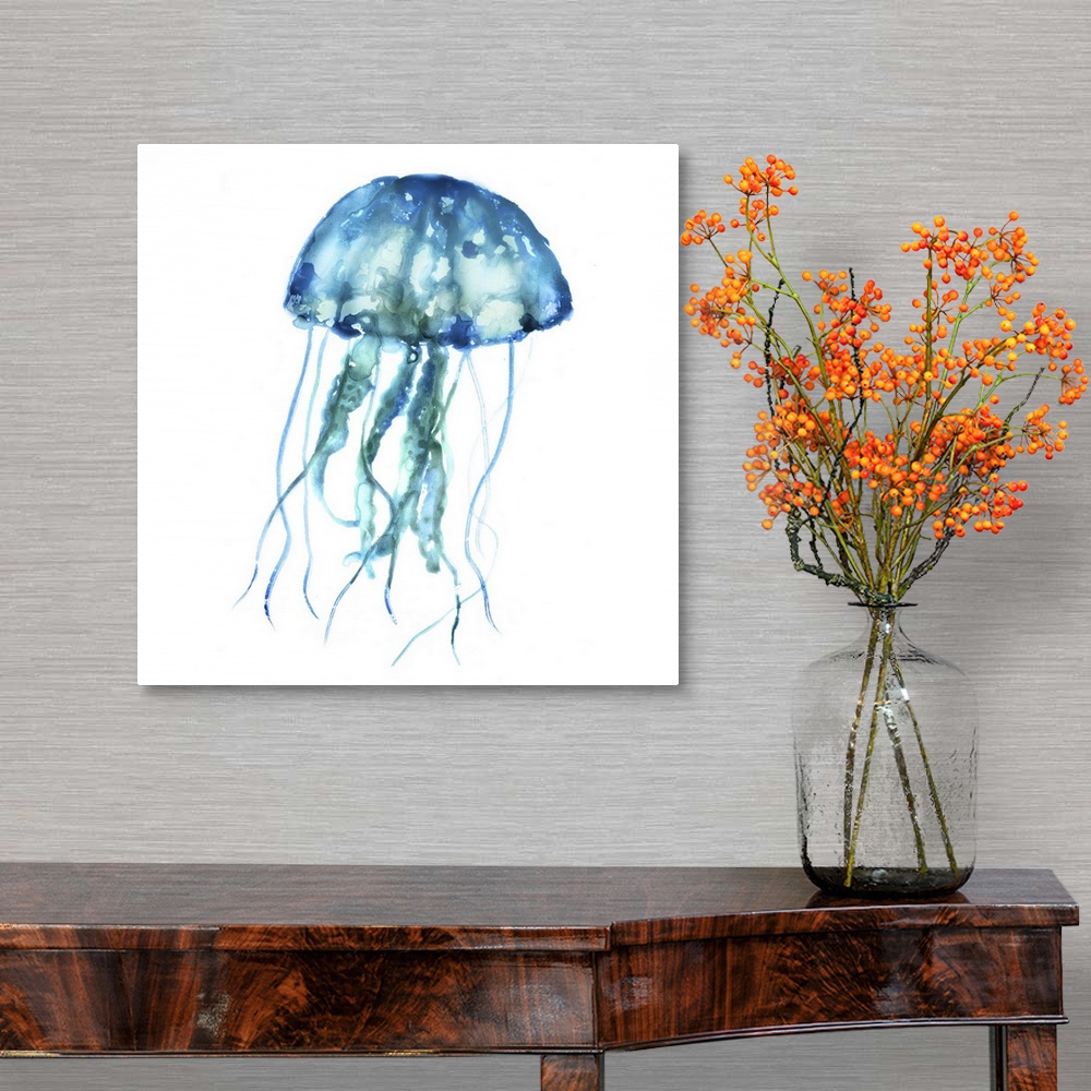A traditional room featuring Blue-toned watercolor painting of a jellyfish on white.