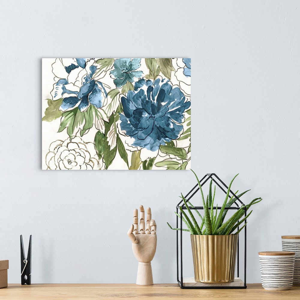 A bohemian room featuring A contemporary painting of flowers with featured colors of blue, green, and brown.
