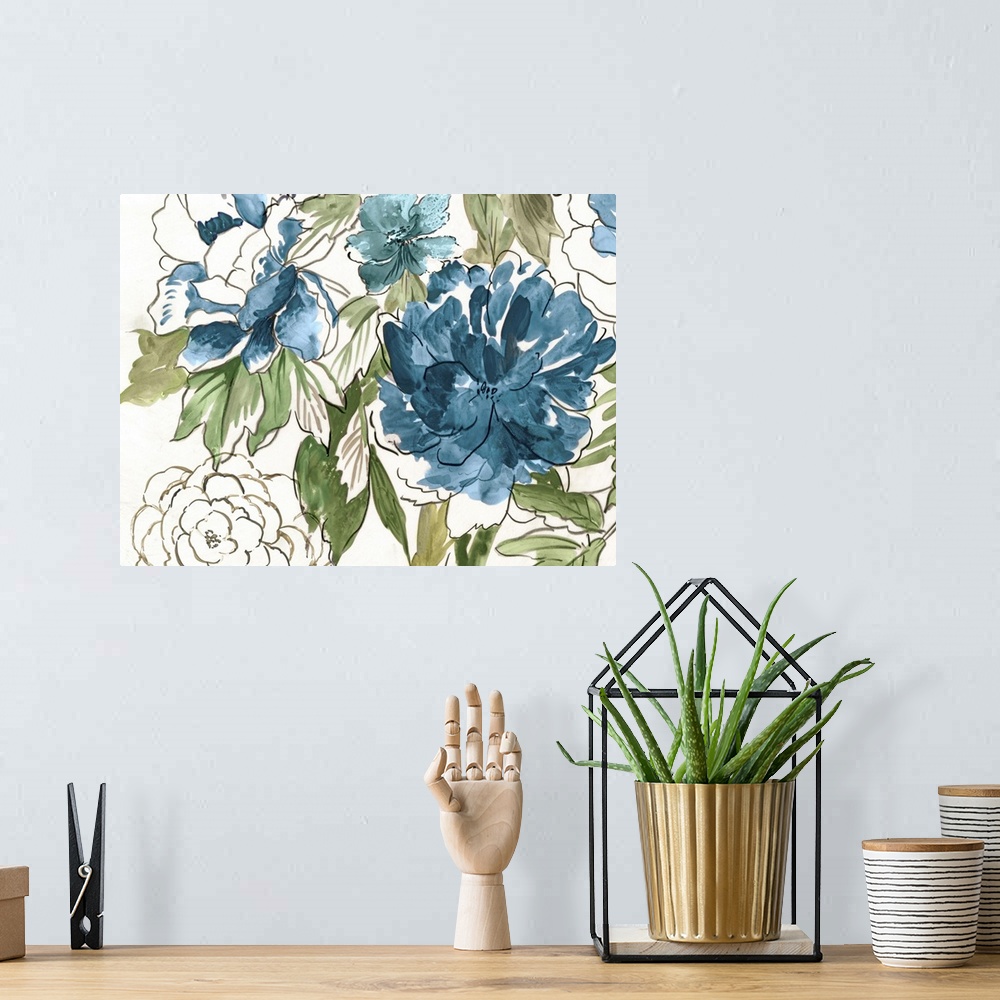 A bohemian room featuring A contemporary painting of flowers with featured colors of blue, green, and brown.