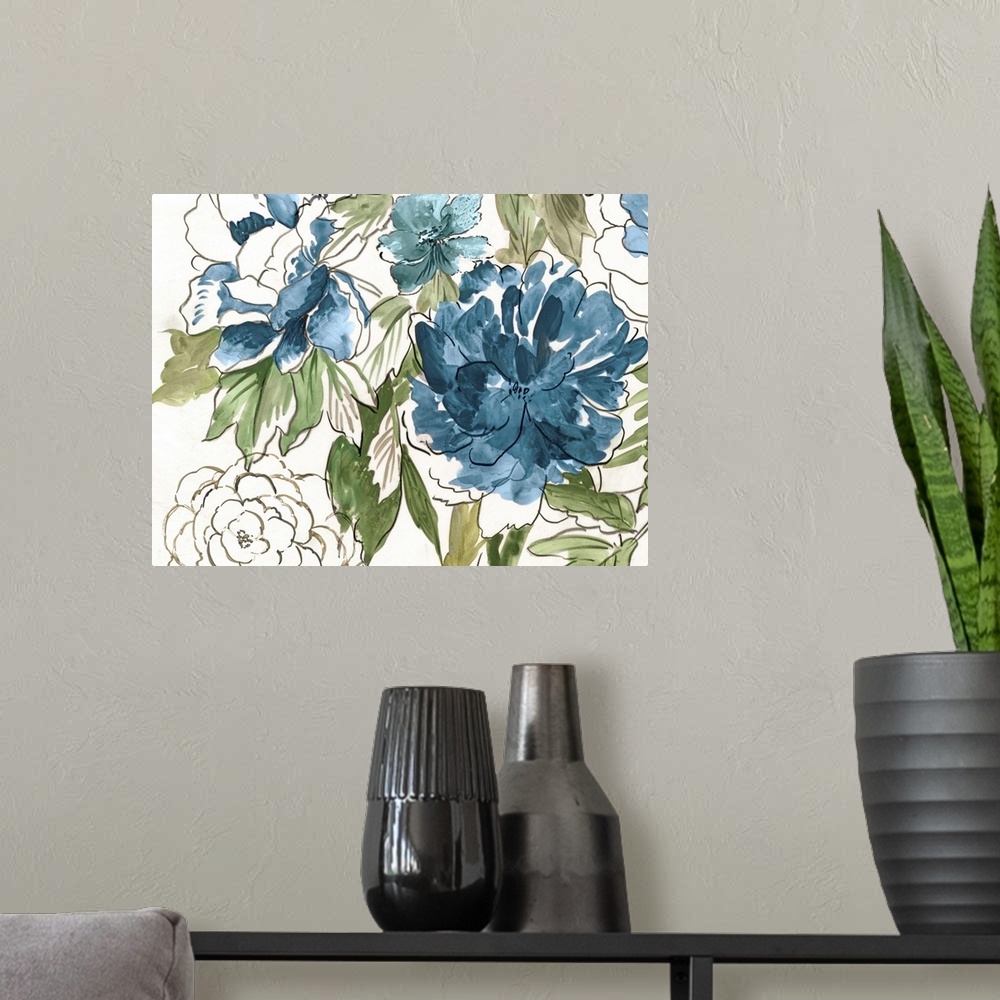 A modern room featuring A contemporary painting of flowers with featured colors of blue, green, and brown.