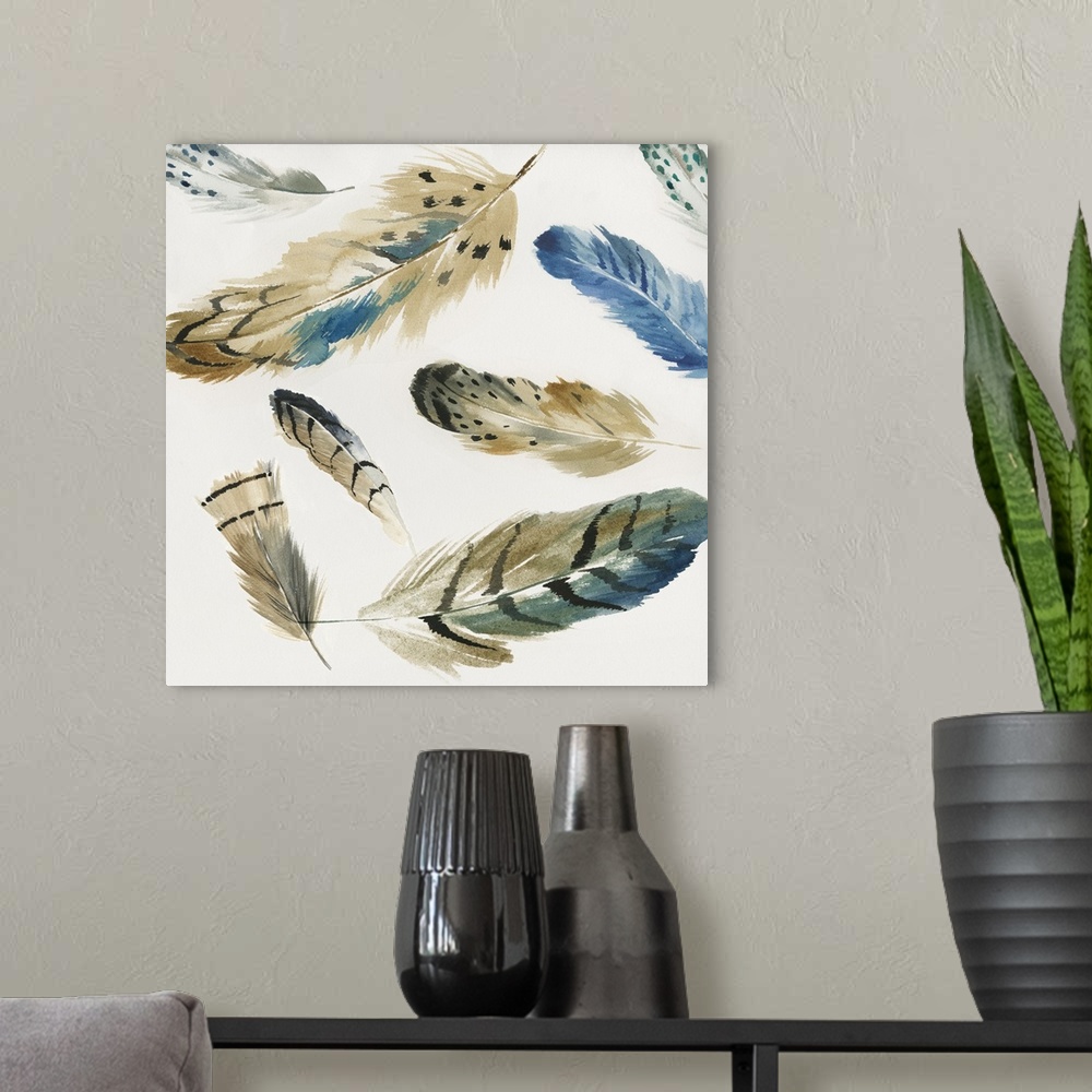 A modern room featuring Watercolor painting of a variety of feathers floating in the air.