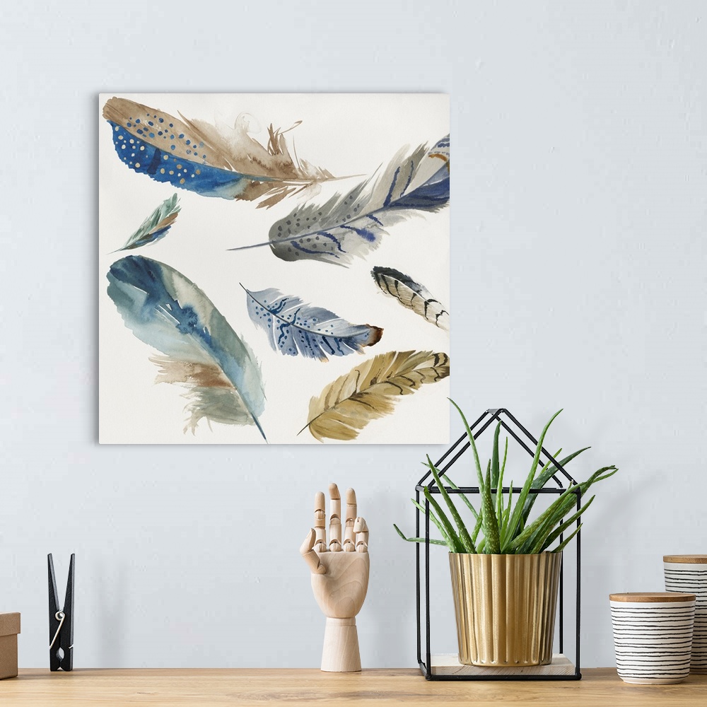 A bohemian room featuring Watercolor painting of a variety of feathers floating in the air.