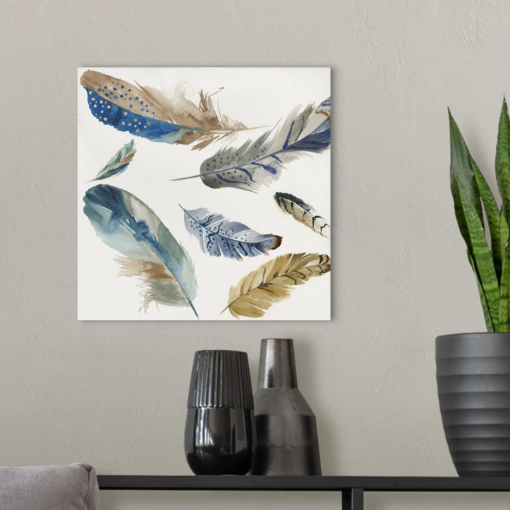 A modern room featuring Watercolor painting of a variety of feathers floating in the air.