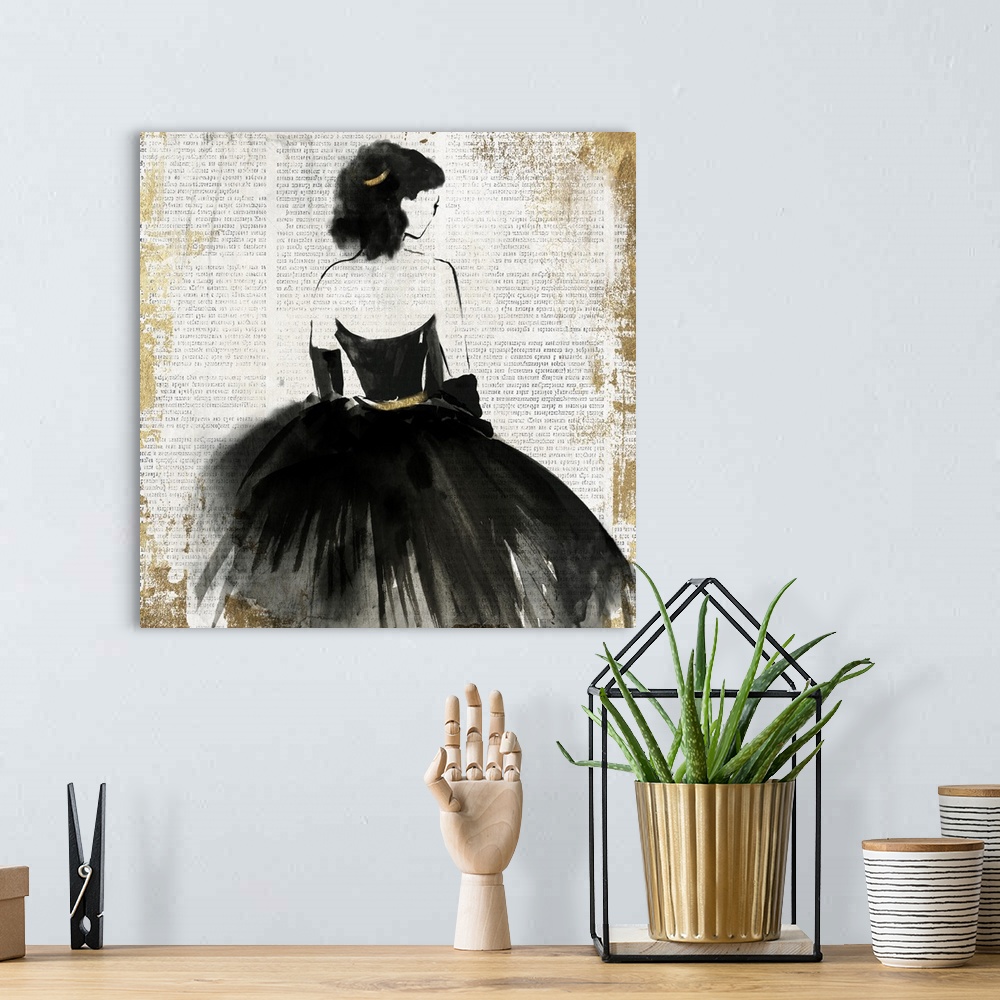 A bohemian room featuring A woman wearing a black evening gown, painted on vintage paper.