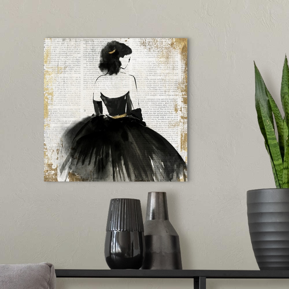 A modern room featuring A woman wearing a black evening gown, painted on vintage paper.