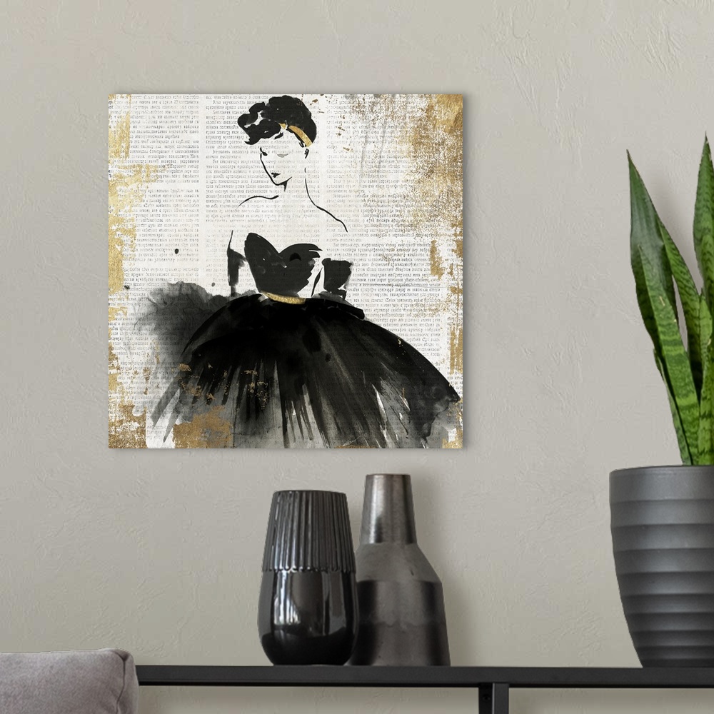 A modern room featuring A woman wearing a black evening gown, painted on vintage paper.