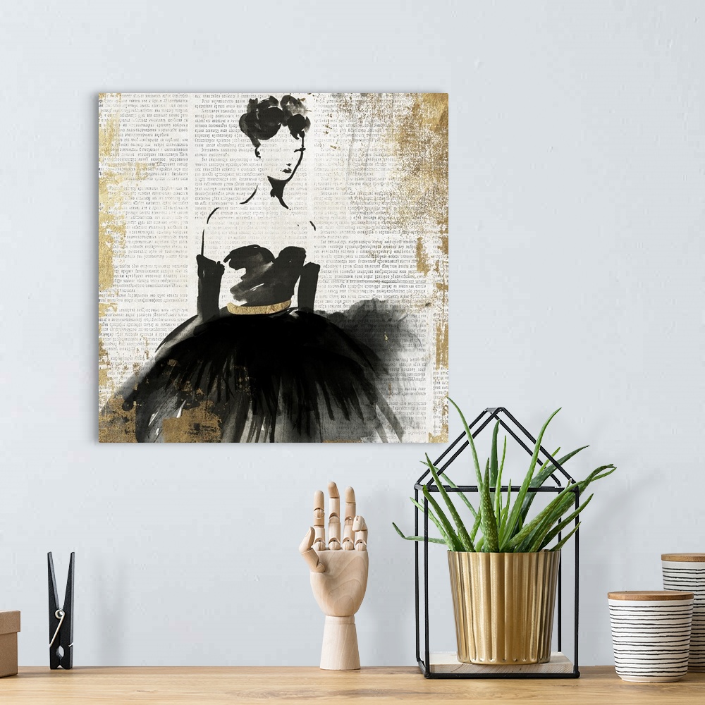 A bohemian room featuring A woman wearing a black evening gown, painted on vintage paper.