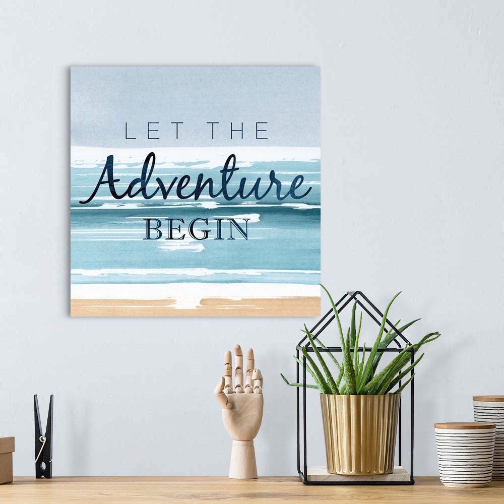 A bohemian room featuring Watercolor painting of a seascape with "Let the Adventure Begin."