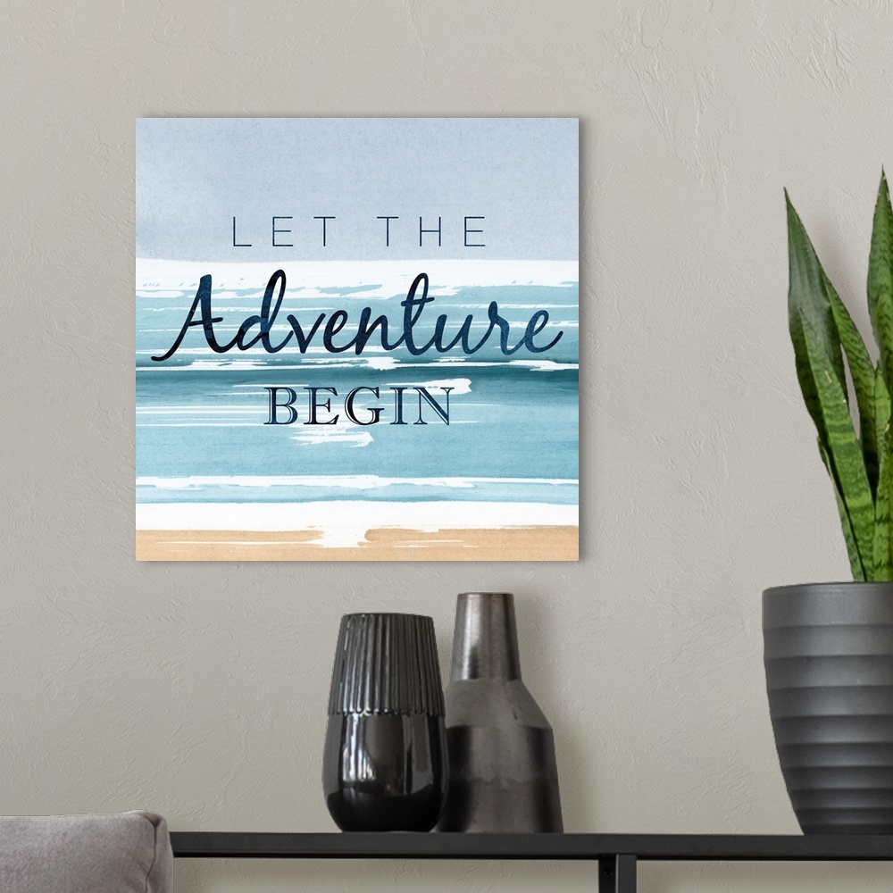 A modern room featuring Watercolor painting of a seascape with "Let the Adventure Begin."