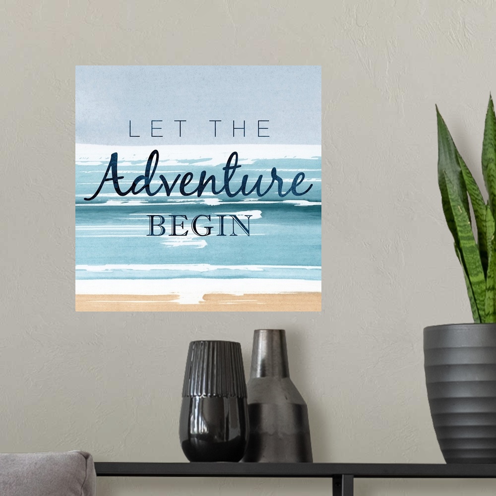 A modern room featuring Watercolor painting of a seascape with "Let the Adventure Begin."