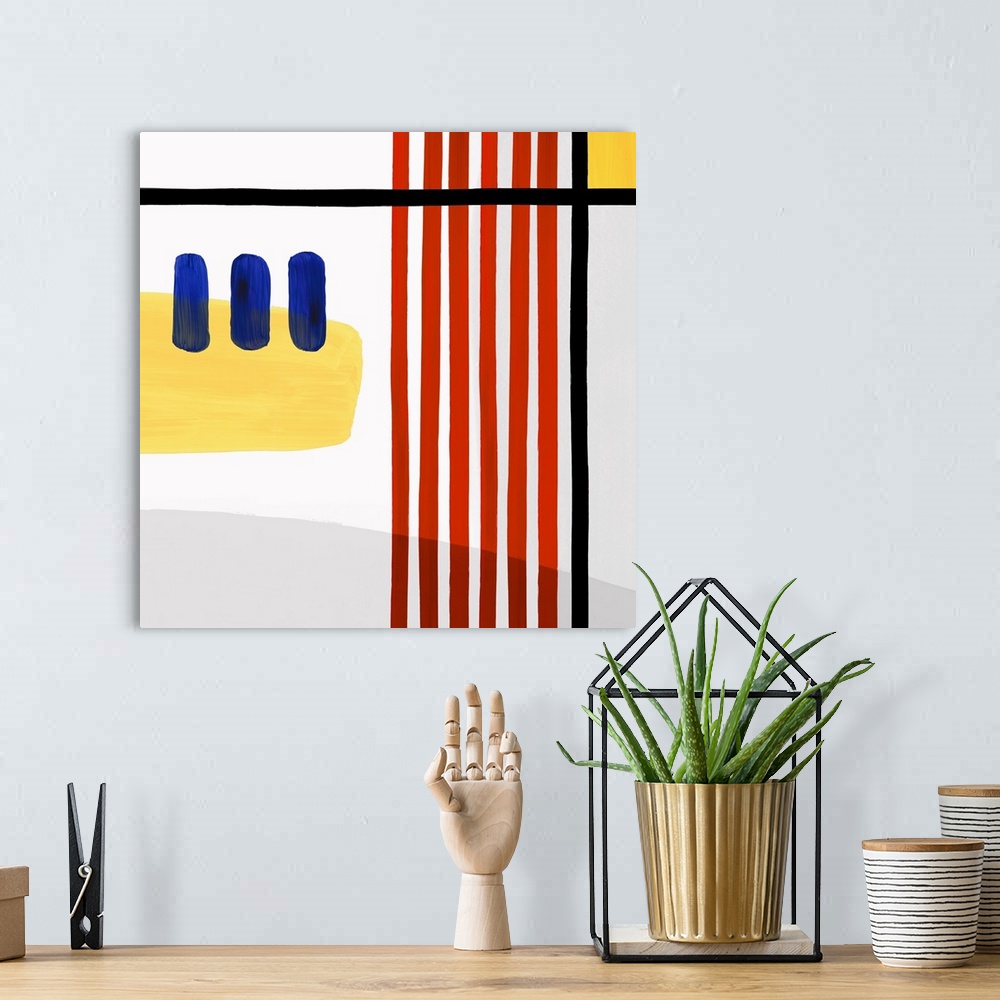 A bohemian room featuring Square abstract painting with vertical lines in a modern design.