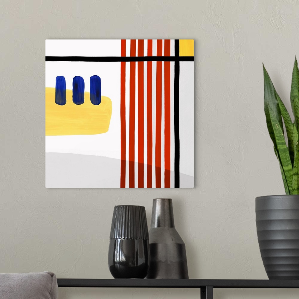 A modern room featuring Square abstract painting with vertical lines in a modern design.