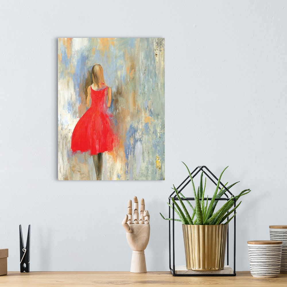 A bohemian room featuring Painting of a female in a red dress, walking away, with a textured backdrop of blue, gray and brown.