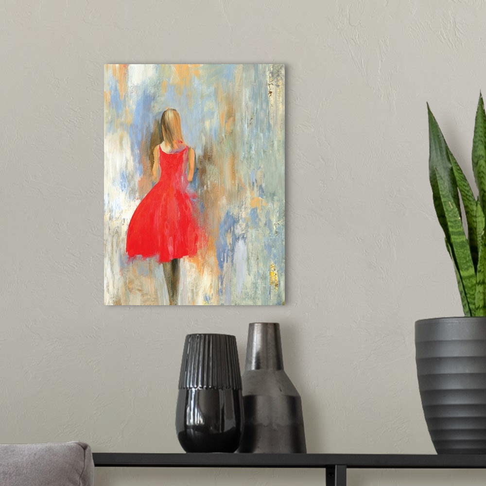 A modern room featuring Painting of a female in a red dress, walking away, with a textured backdrop of blue, gray and brown.