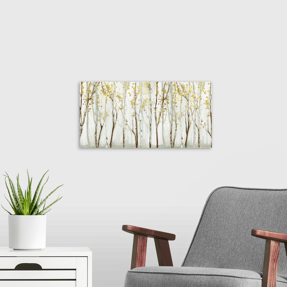 A modern room featuring Large landscape painting of birch trees in the woods with gold leaves.