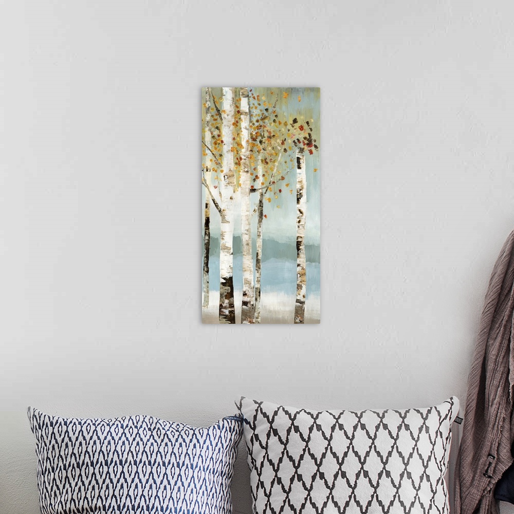 A bohemian room featuring Contemporary artwork of small group of white birch trees.