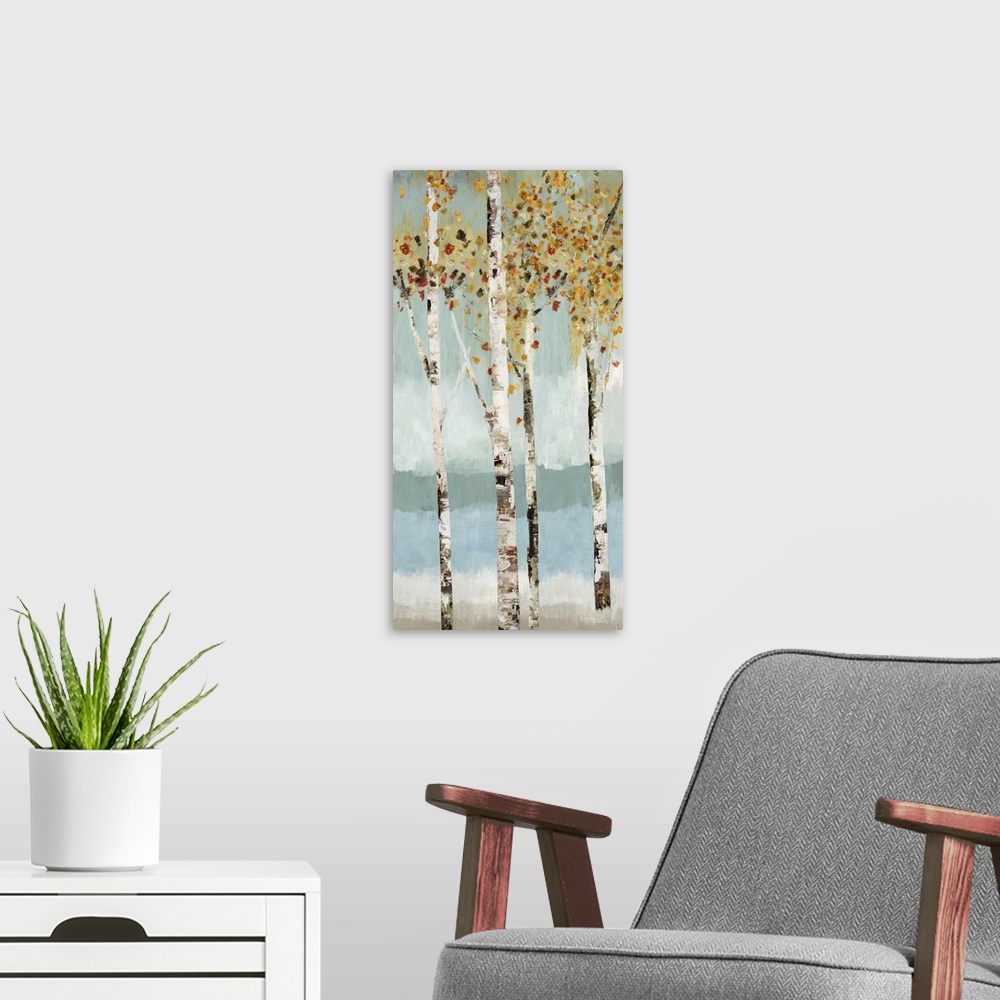 A modern room featuring Contemporary artwork of small group of white birch trees.
