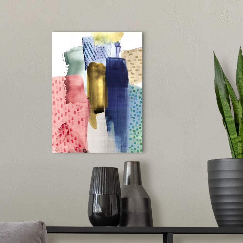 A modern room featuring Contemporary abstract painting with shades of blue, teal, gold, and pink with soft edges.