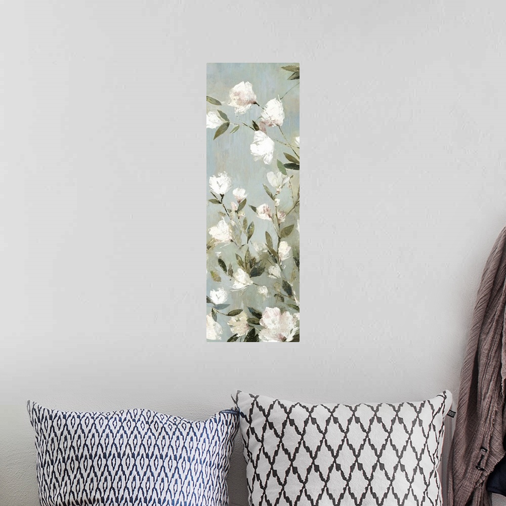 A bohemian room featuring Contemporary artwork of small magnolia flowers on grey.