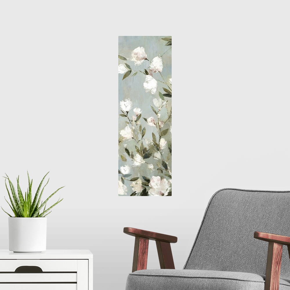A modern room featuring Contemporary artwork of small magnolia flowers on grey.