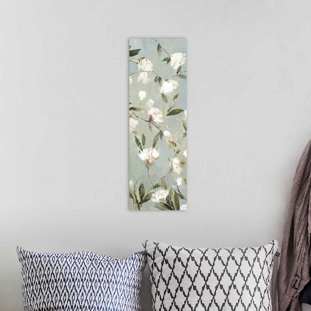 A bohemian room featuring Contemporary artwork of small magnolia flowers on grey.