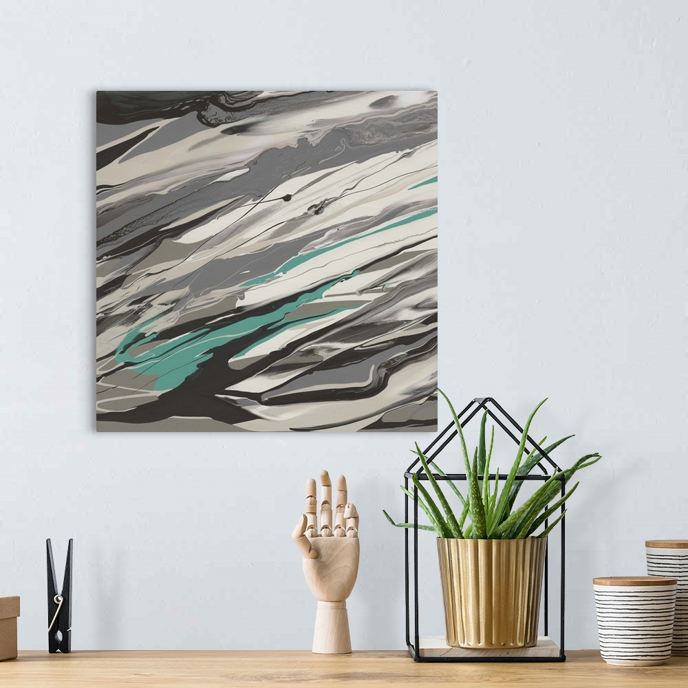 A bohemian room featuring Contemporary abstract home decor artwork using gray and green tones in diagonal lines.