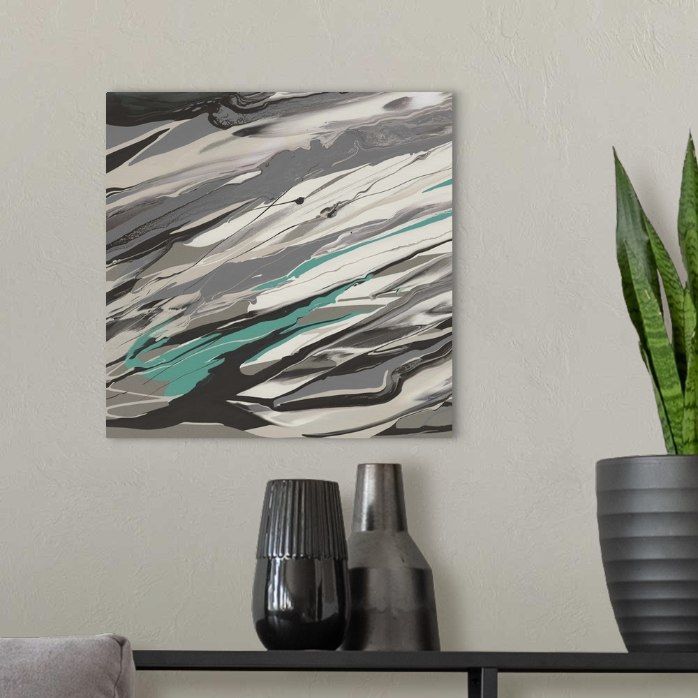 A modern room featuring Contemporary abstract home decor artwork using gray and green tones in diagonal lines.