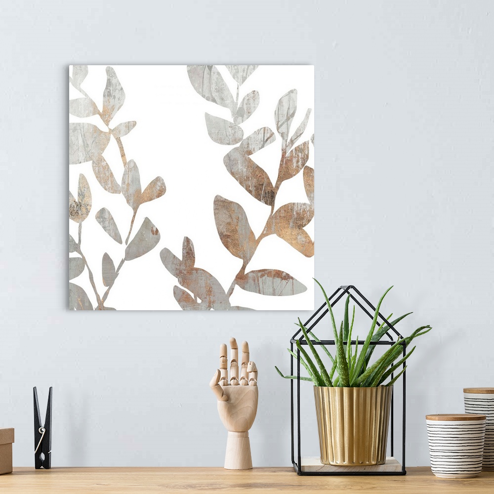 A bohemian room featuring Contemporary painting of leaves in textured tones of gray and brown.