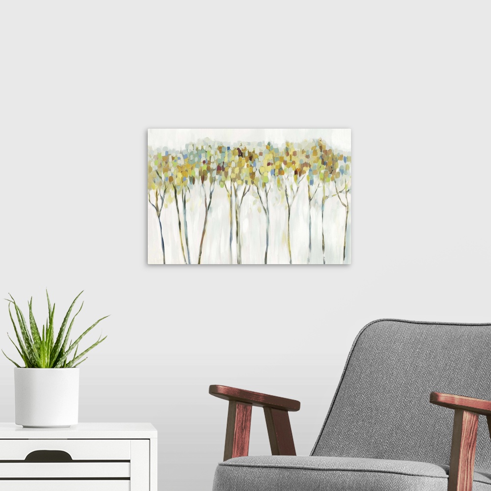 A modern room featuring Contemporary painting of a row of slender trees with colorful leaves in earth tones.