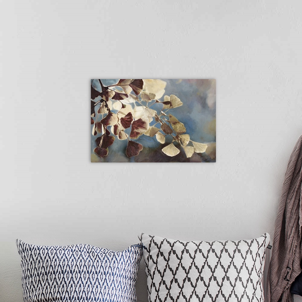 A bohemian room featuring A contemporary painting of leaves on a tree branch against a blue sky.