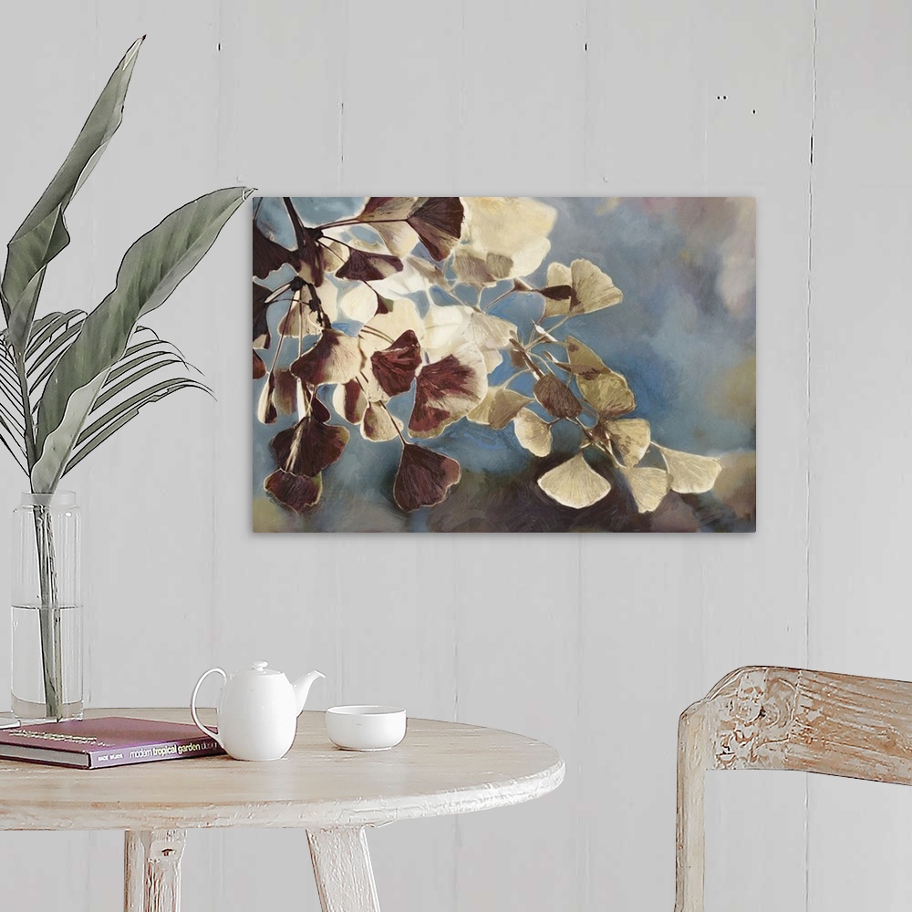 A farmhouse room featuring A contemporary painting of leaves on a tree branch against a blue sky.
