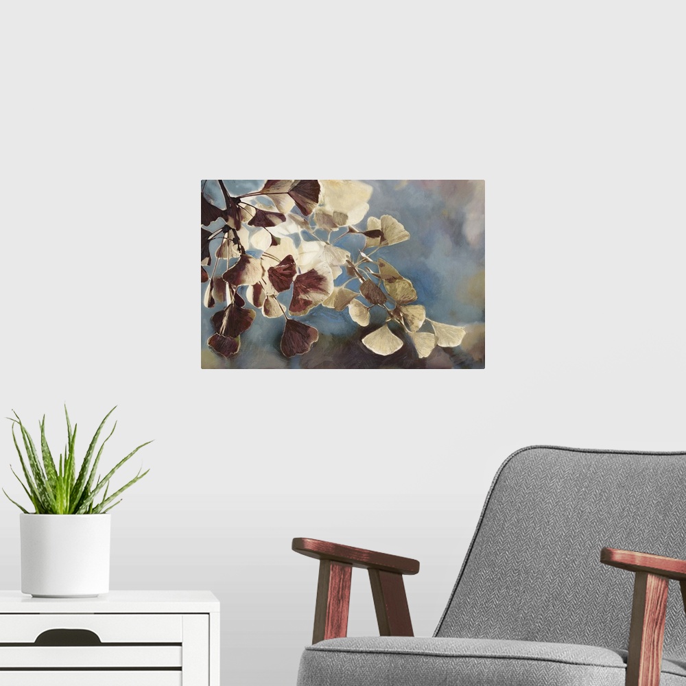 A modern room featuring A contemporary painting of leaves on a tree branch against a blue sky.