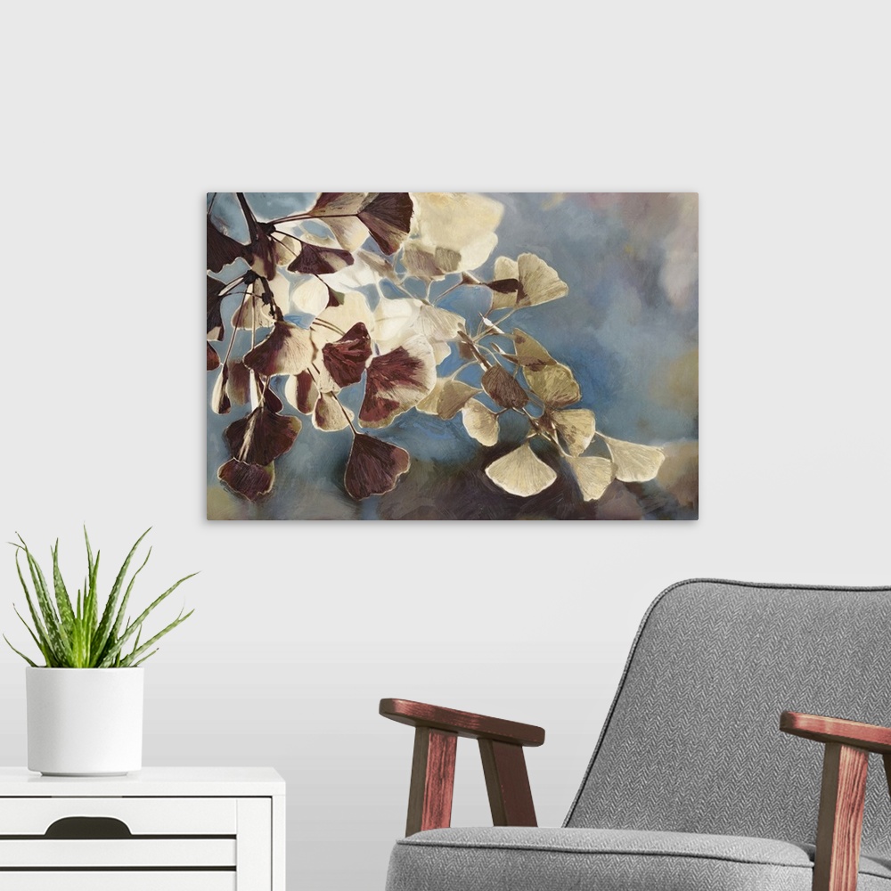 A modern room featuring A contemporary painting of leaves on a tree branch against a blue sky.
