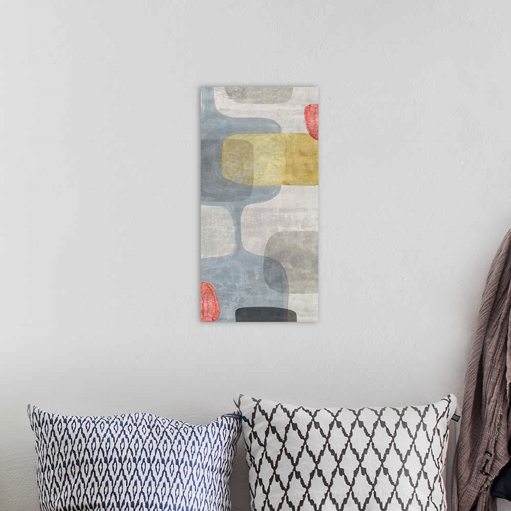 A bohemian room featuring Abstract panel painting with retro design in blue, gray, yellow, and red hues.