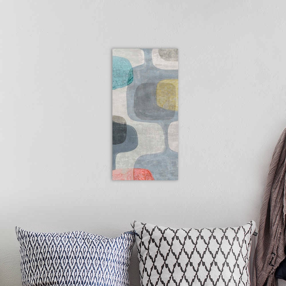 A bohemian room featuring Abstract panel painting with retro design in blue, gray, yellow, and red hues.