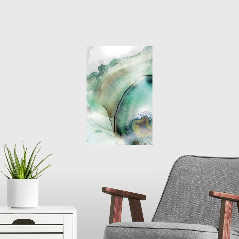 A modern room featuring Abstract watercolor artwork of softly blending shades of teal and jade green.