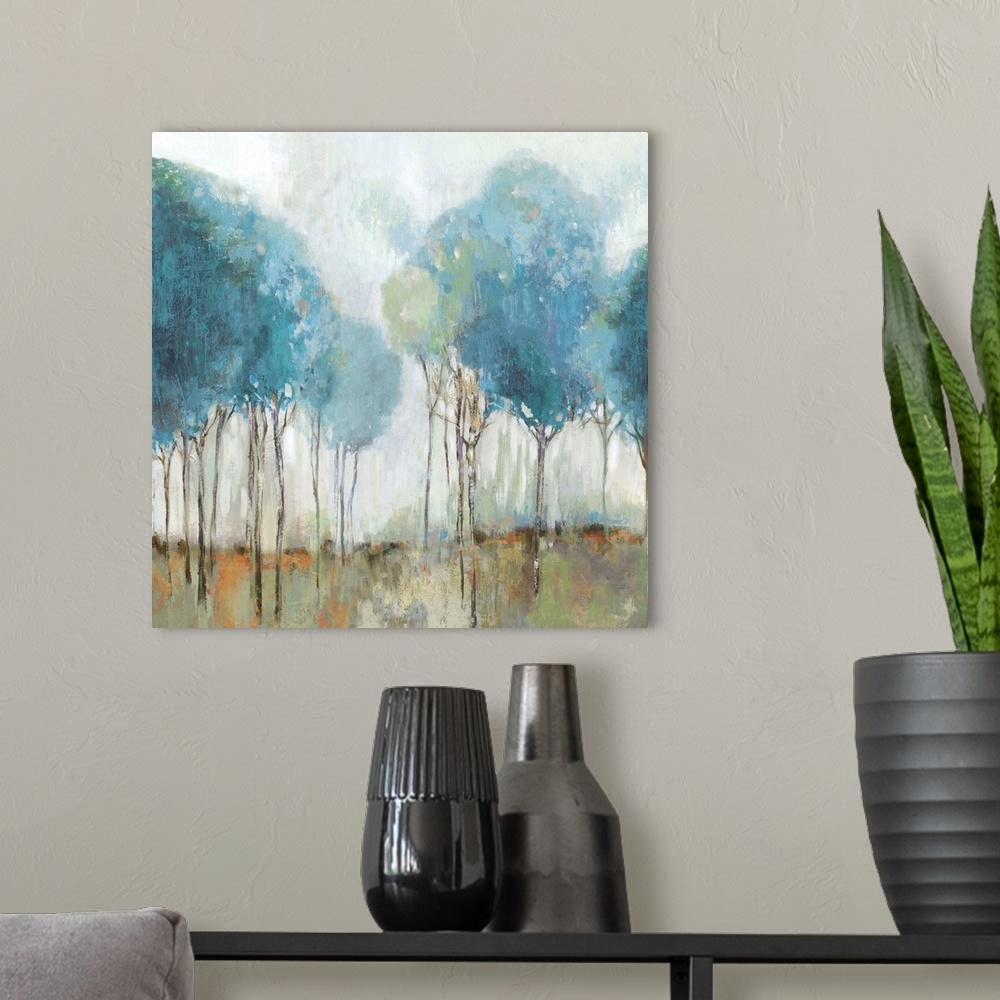 A modern room featuring Abstract landscape of a meadow with trees painted in robin's egg blue.