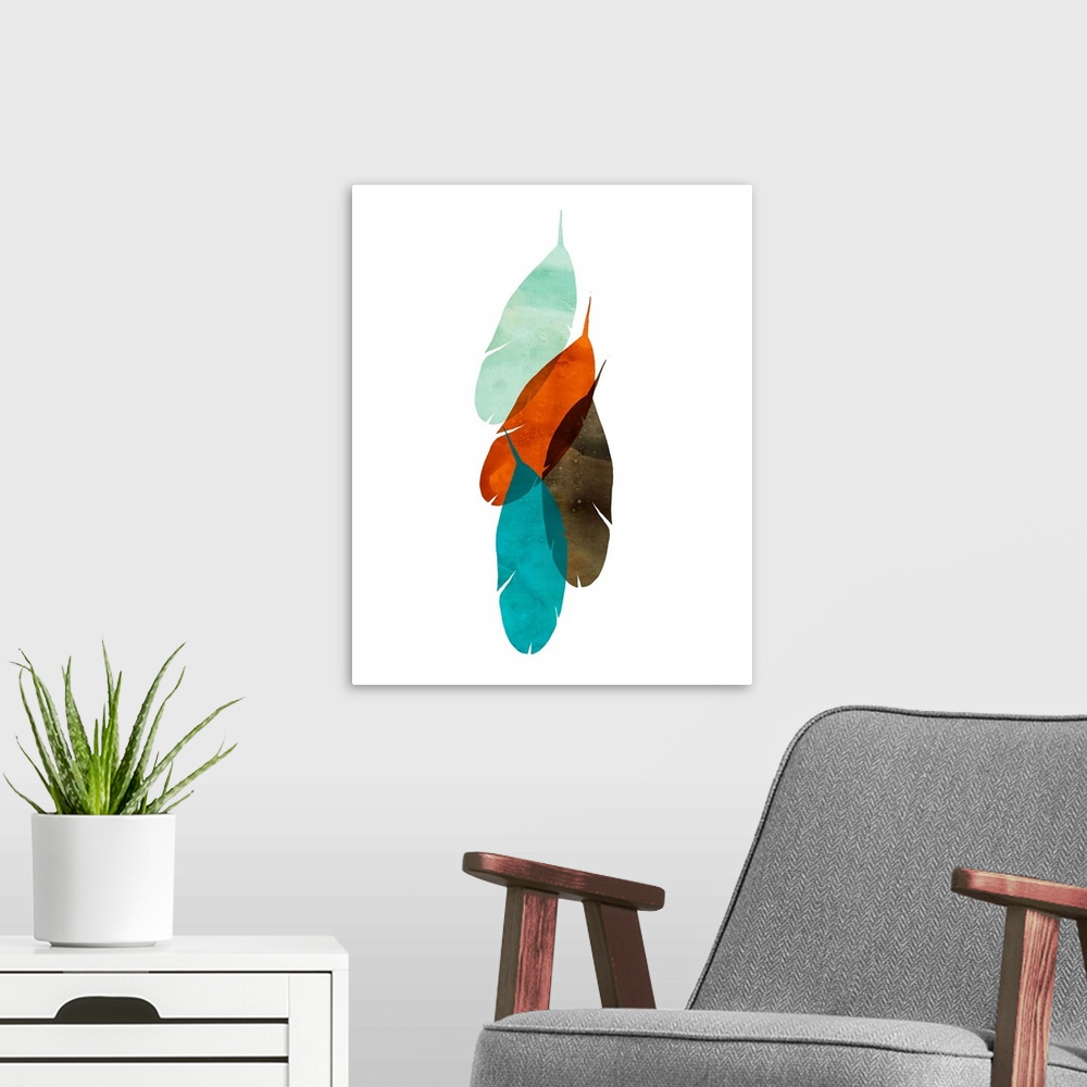 A modern room featuring Retro style watercolor painting of feather shapes in blues and oranges.