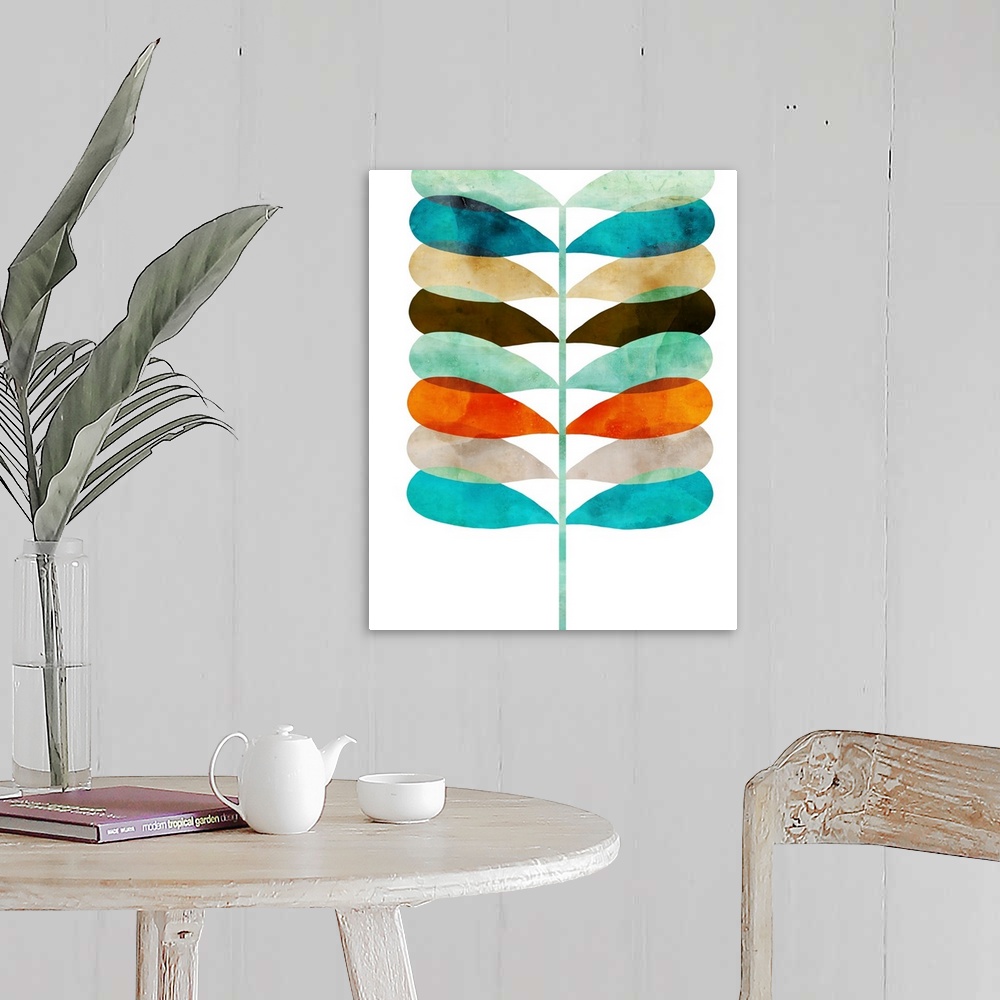 A farmhouse room featuring Retro style watercolor painting of a fern shape in blues and oranges.
