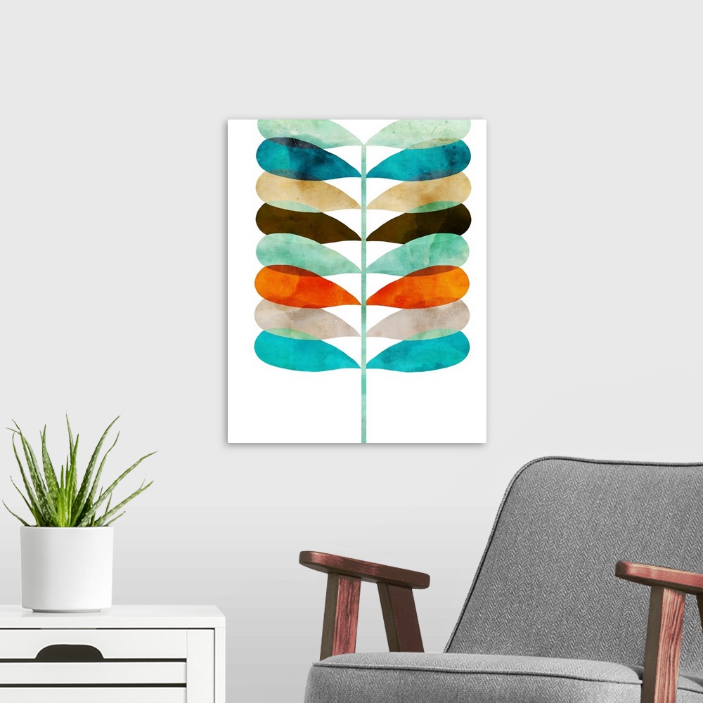 A modern room featuring Retro style watercolor painting of a fern shape in blues and oranges.