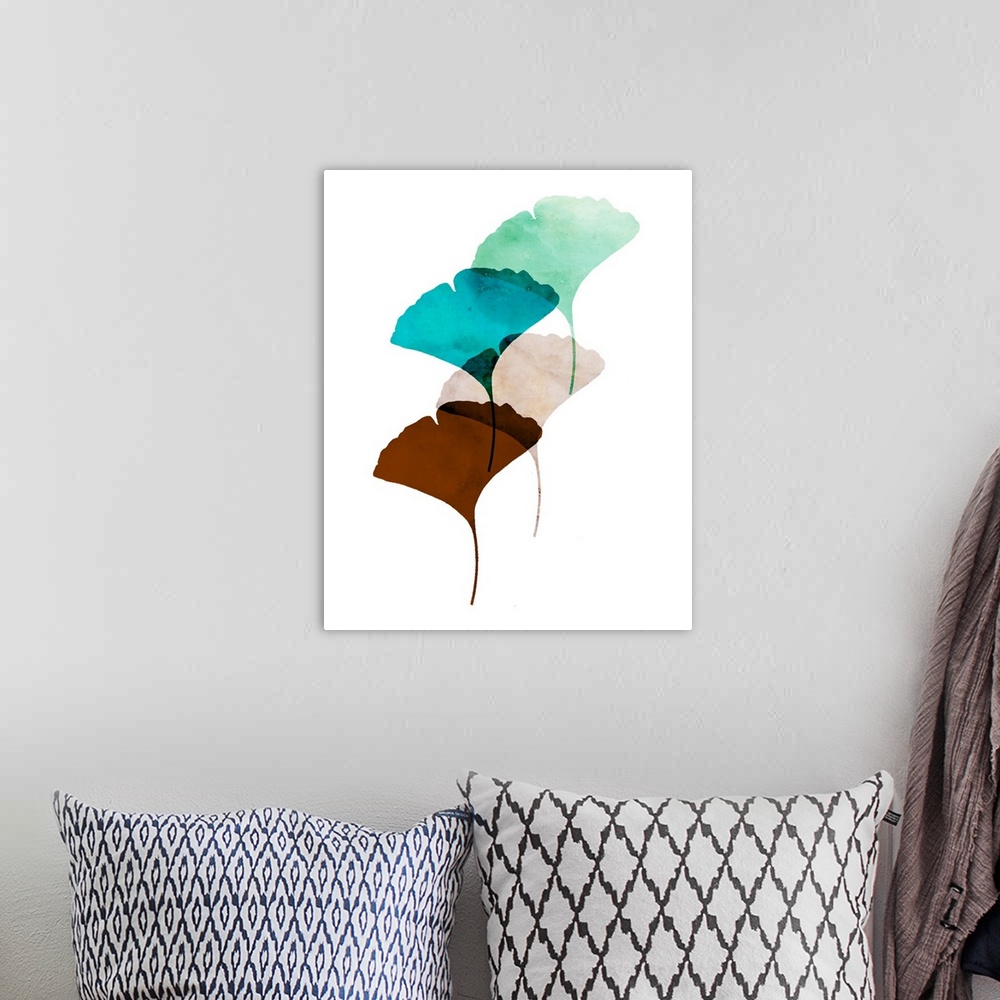 A bohemian room featuring Retro style watercolor painting of leaf shapes in blues and oranges.