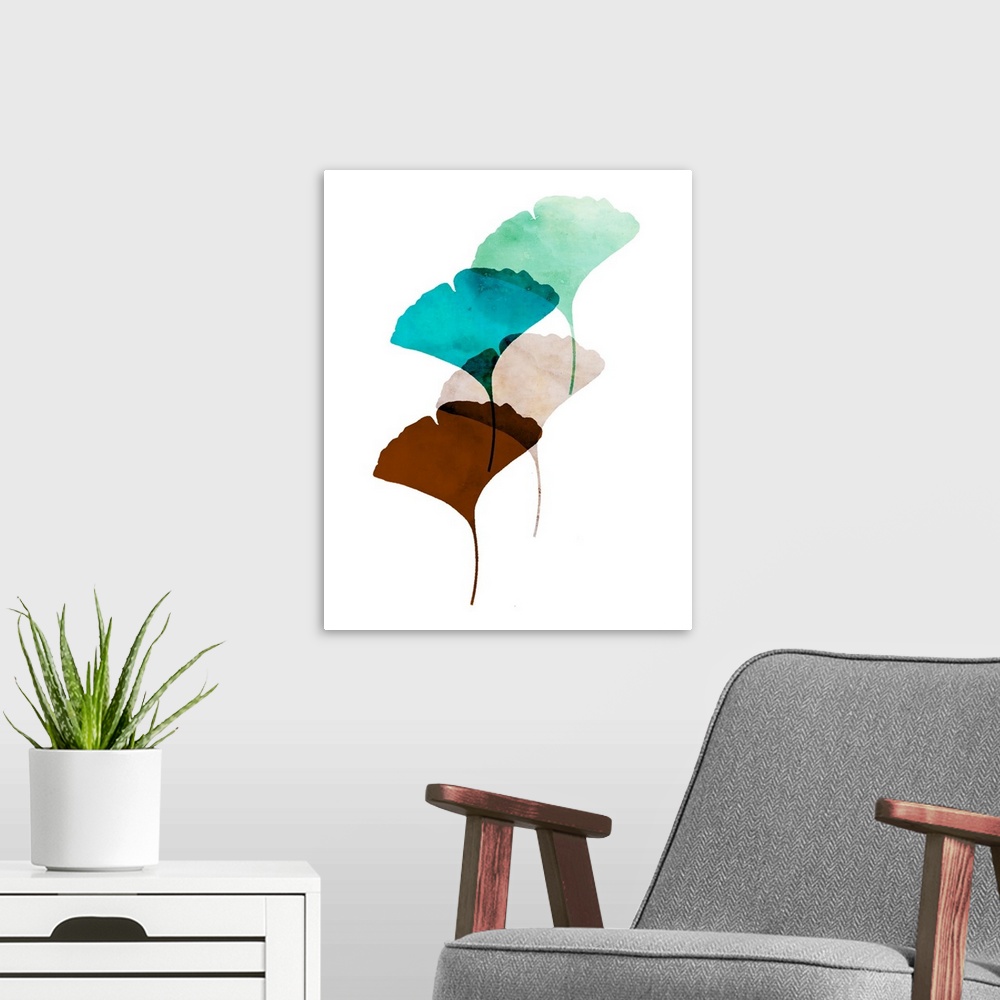 A modern room featuring Retro style watercolor painting of leaf shapes in blues and oranges.