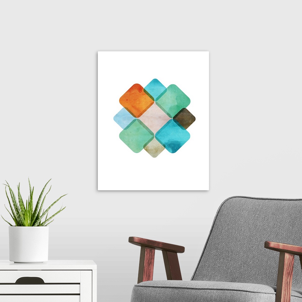 A modern room featuring Retro style watercolor painting of diamond shapes in blues and oranges.