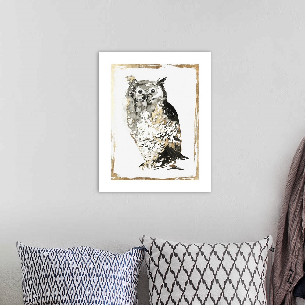 A bohemian room featuring Glamorous owl decor in black, white, and gold.