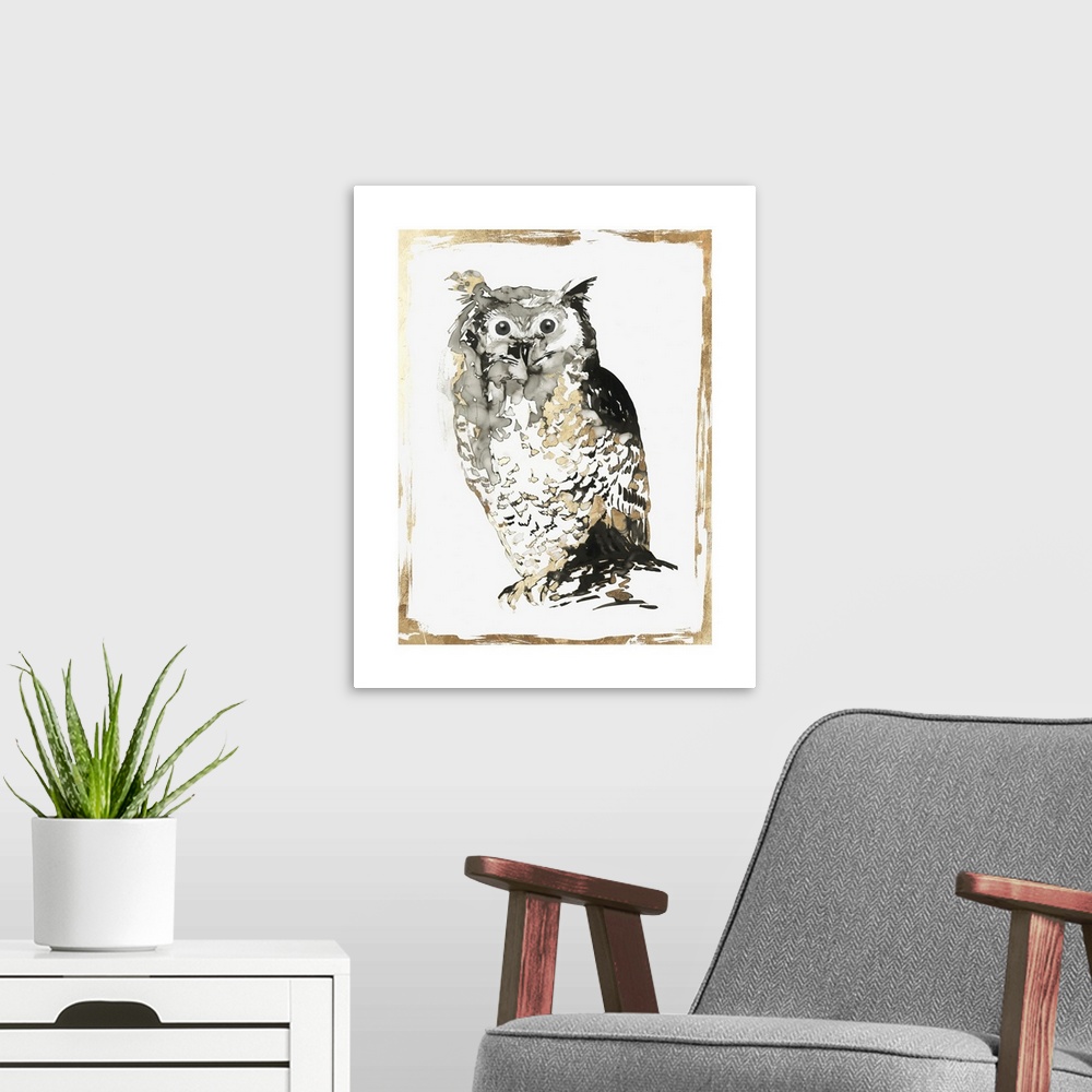 A modern room featuring Glamorous owl decor in black, white, and gold.