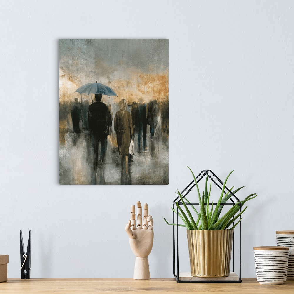 A bohemian room featuring Contemporary artwork of a couple walking in the city with an umbrella.