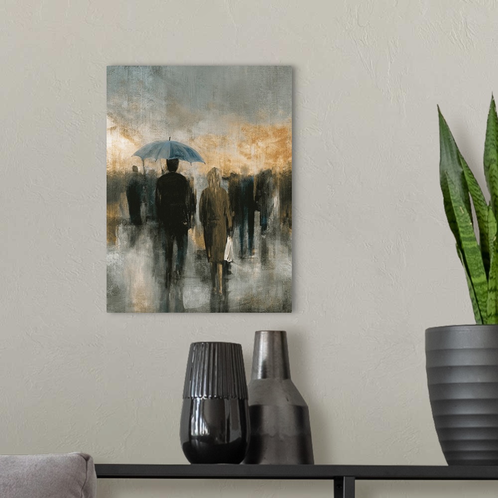 A modern room featuring Contemporary artwork of a couple walking in the city with an umbrella.