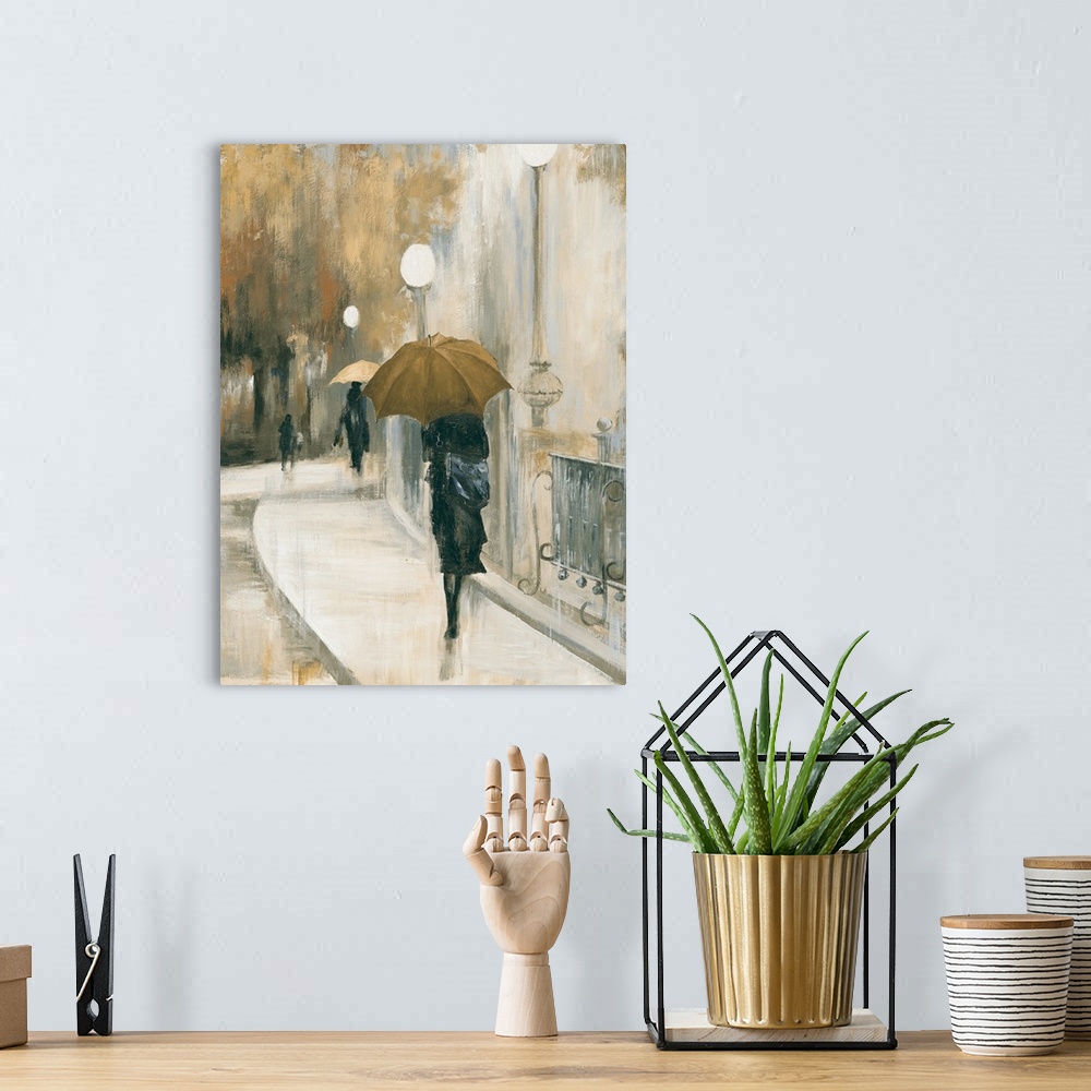 A bohemian room featuring Contemporary artwork of women walking in the city with umbrellas.