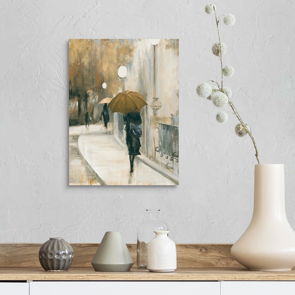 A farmhouse room featuring Contemporary artwork of women walking in the city with umbrellas.