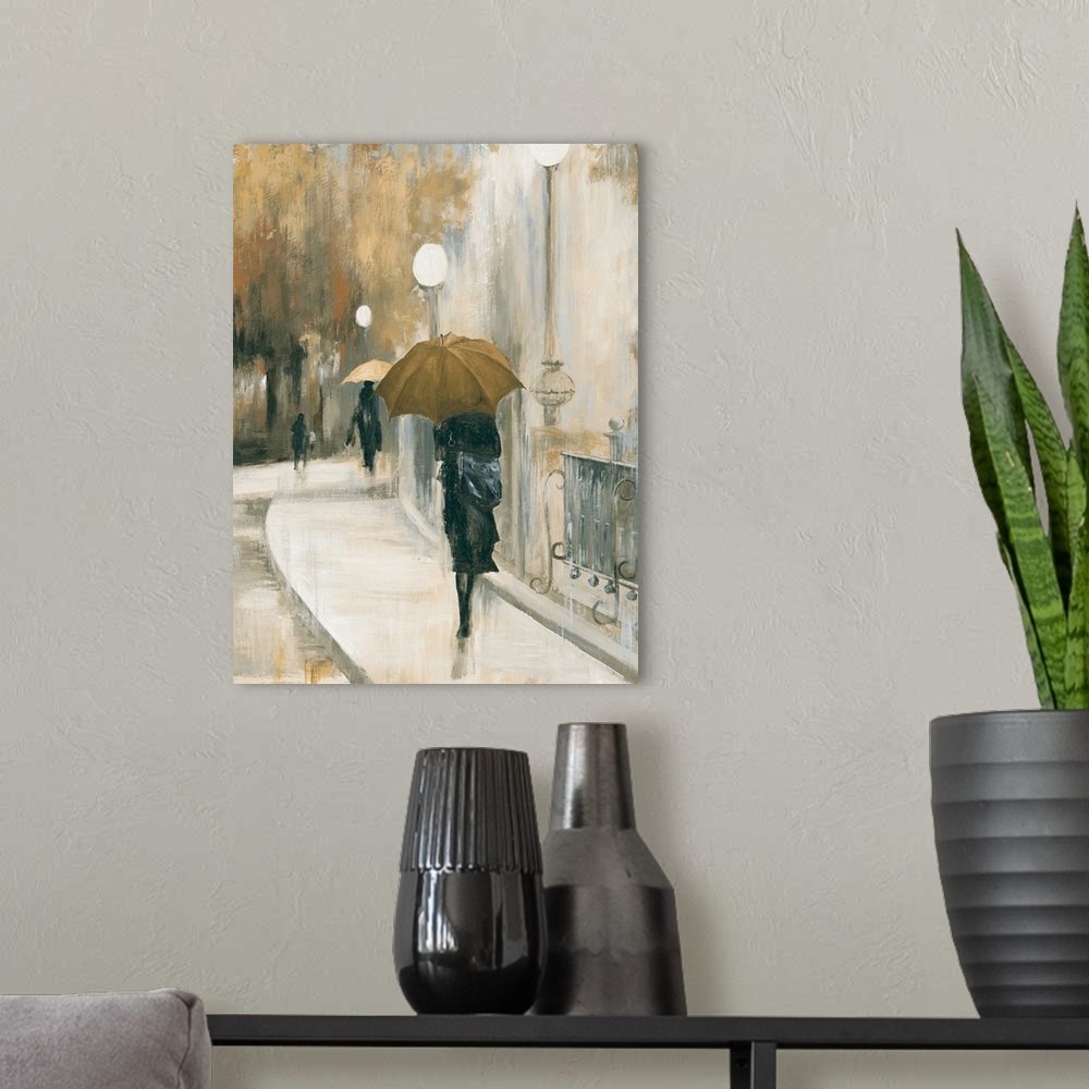 A modern room featuring Contemporary artwork of women walking in the city with umbrellas.